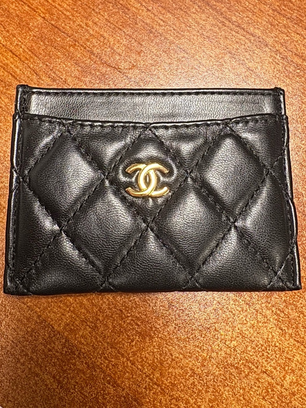 Black Quilted Leather Card Case with Gold CC Hardware